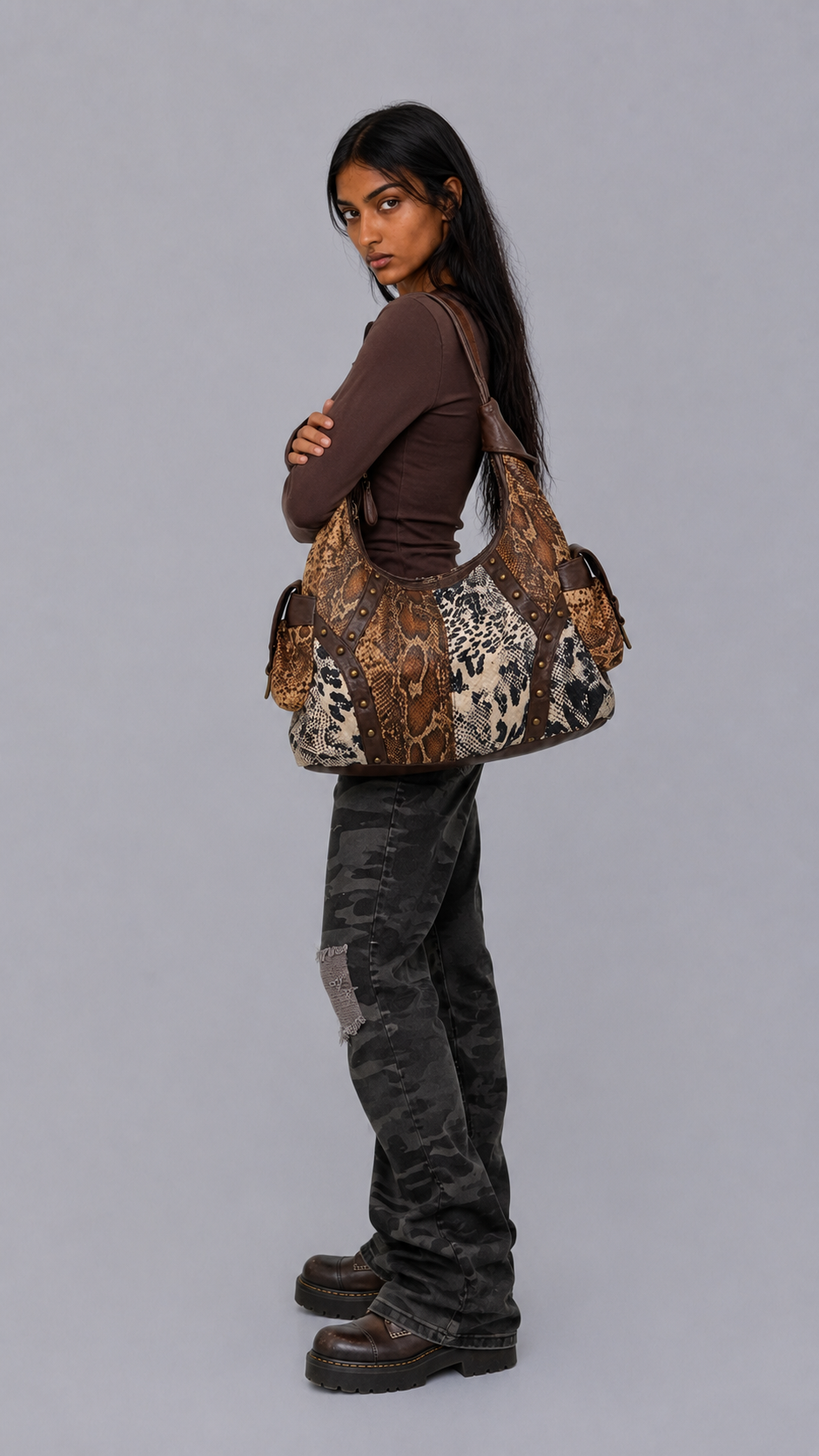 Snake & Leopard Print Patchwork Hobo Bag