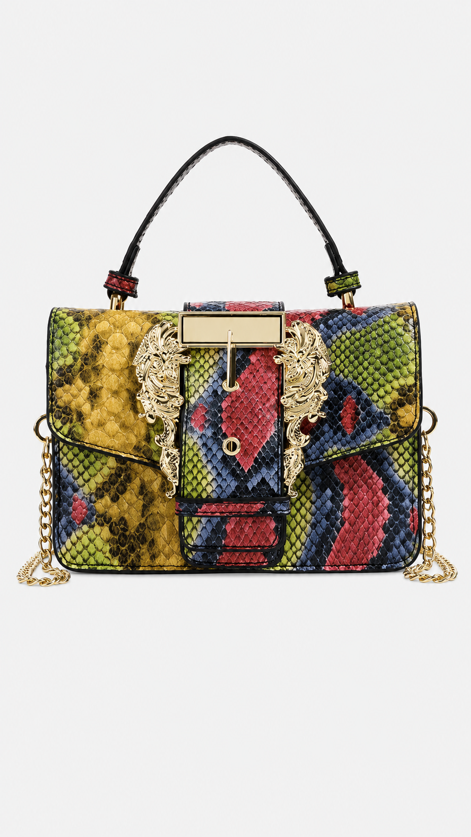 Multicolour Snake Print Baroque Buckle Flap Bag