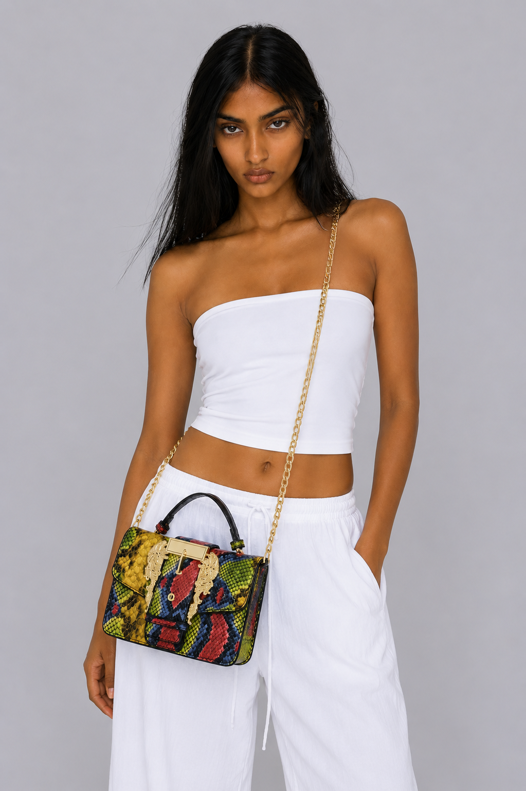 Multicolour Snake Print Baroque Buckle Flap Bag