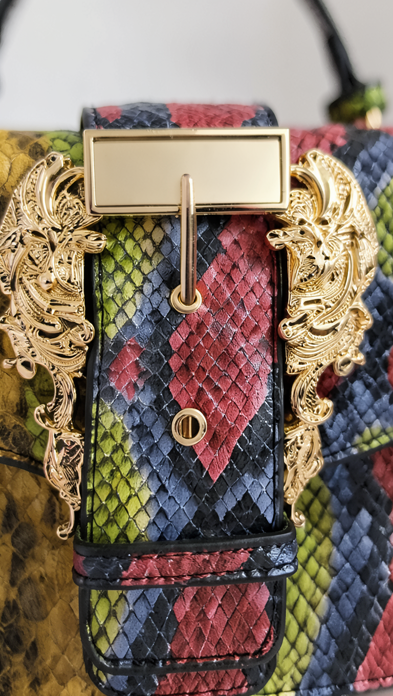 Multicolour Snake Print Baroque Buckle Flap Bag