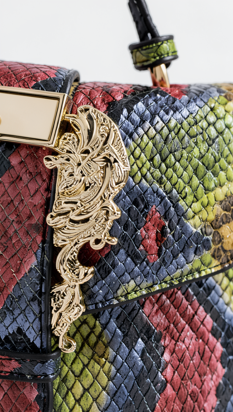 Multicolour Snake Print Baroque Buckle Flap Bag