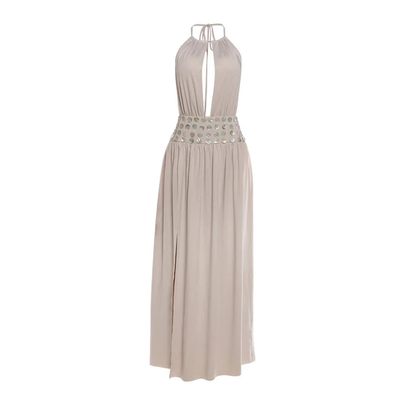 Women's Open Cut High Waist Navel Baring Dress Breathable Casual Loose Fit H-Shape V-Neck Sleeveless Thin Fabric Dress