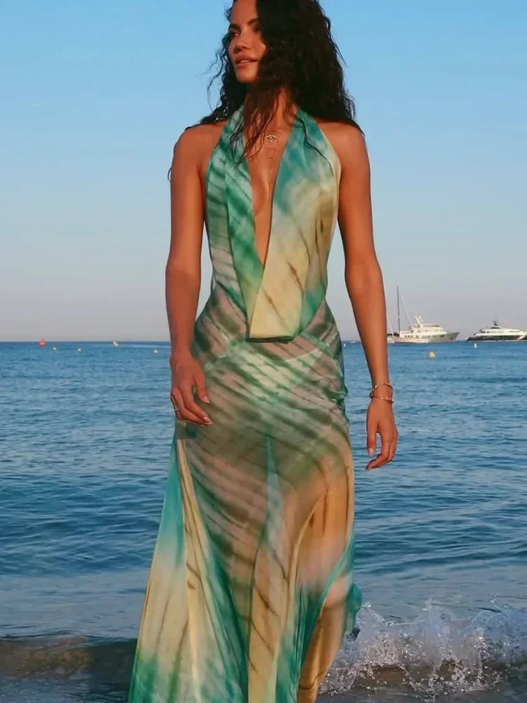 Sexy Printed Draped Neckline Halter Dress Women Chic Lace-up Off Shoulder Backless See Through Robe 2026 New Lady Vacation Robes