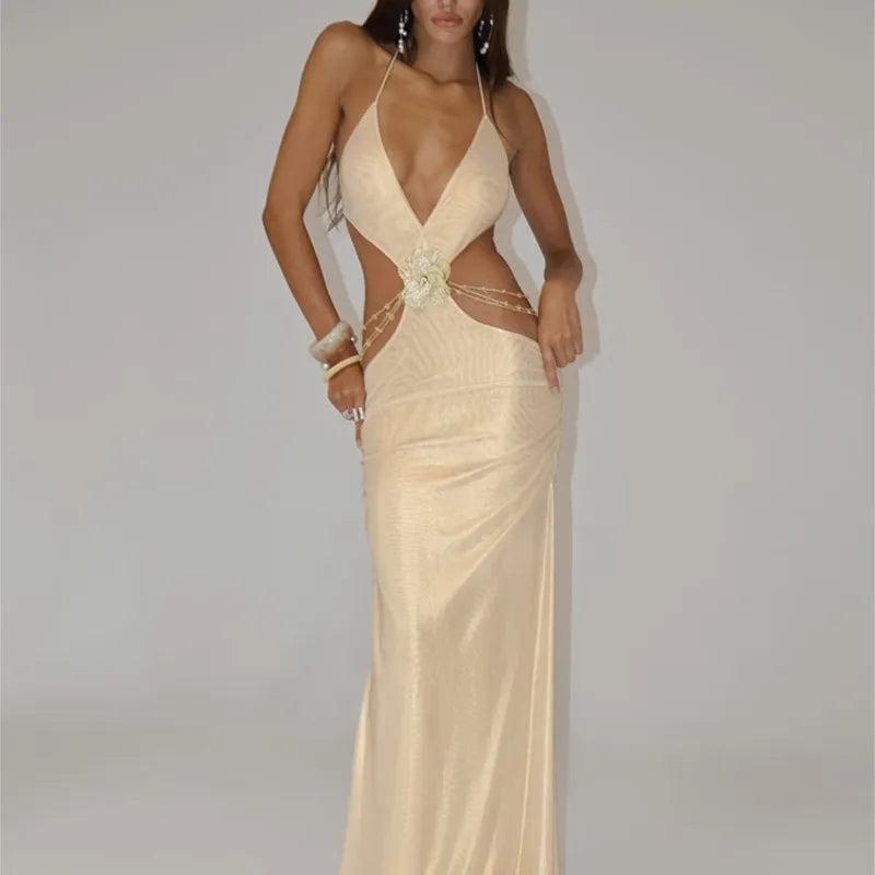 Sexy Gold Halter Cut-Out Maxi Dress Metallic Backless Evening Dresses with Flower Detail Luxury Deep-V Party Long Dress