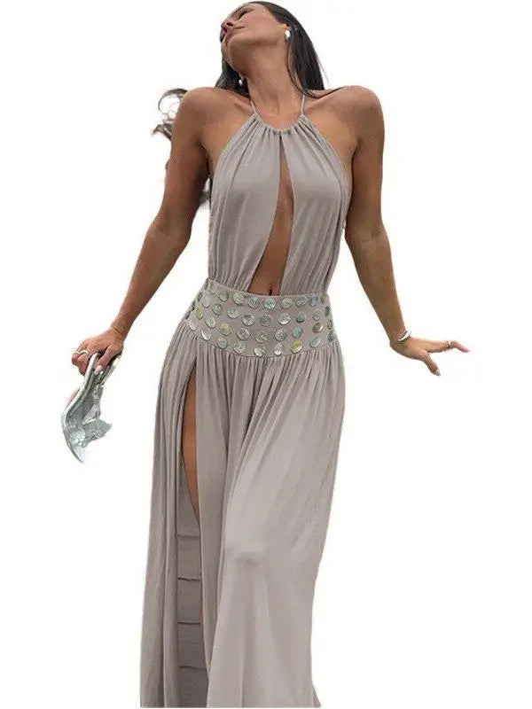 Women's Open Cut High Waist Navel Baring Dress Breathable Casual Loose Fit H-Shape V-Neck Sleeveless Thin Fabric Dress
