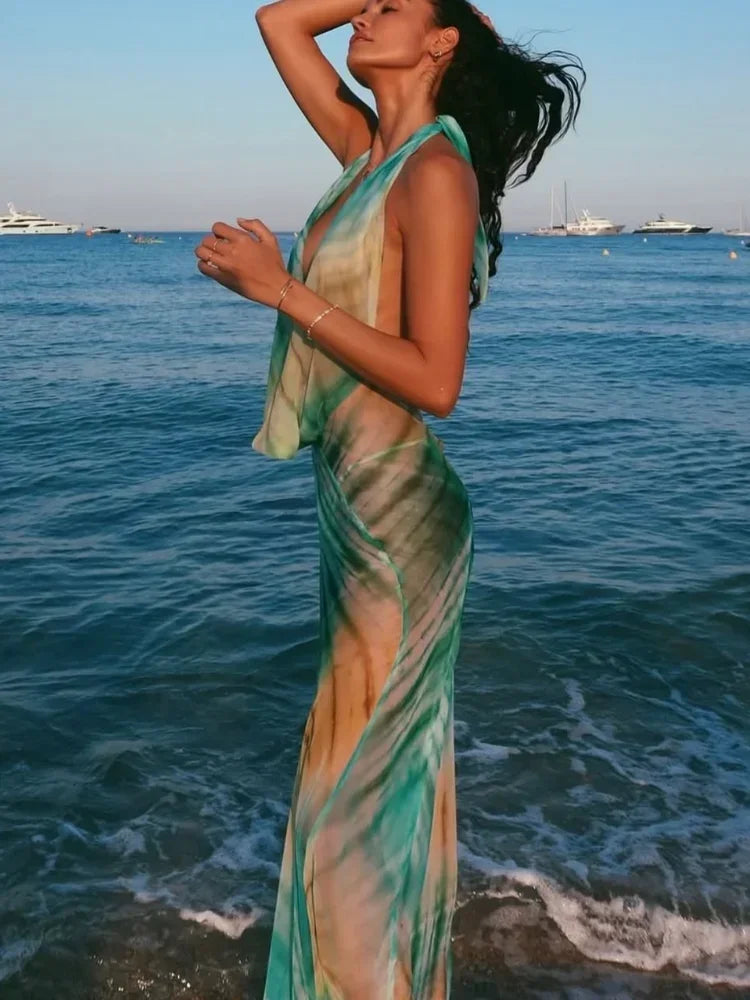Sexy Printed Draped Neckline Halter Dress Women Chic Lace-up Off Shoulder Backless See Through Robe 2026 New Lady Vacation Robes
