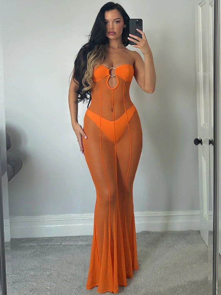 Nibber Elegant Maxi Mesh Dress Women Fashion Sexy See-through Lady Long Dresses Girls Robe Party High Robe Streetwear New 2023