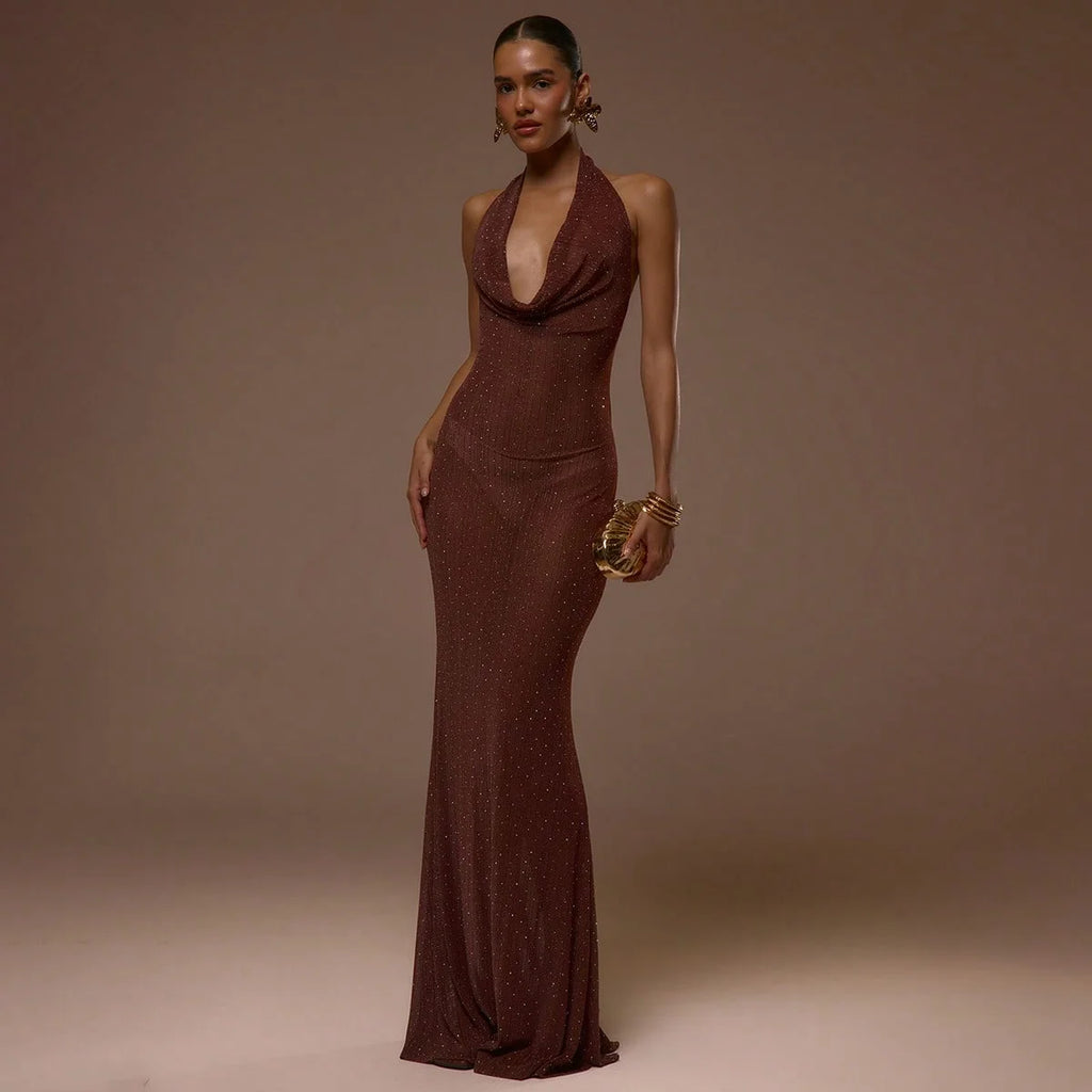 Deep V-neck low-waist bow tie glittering floor-length knitted dress. Sexy evening gown for summer and spring, elegant bow tie.
