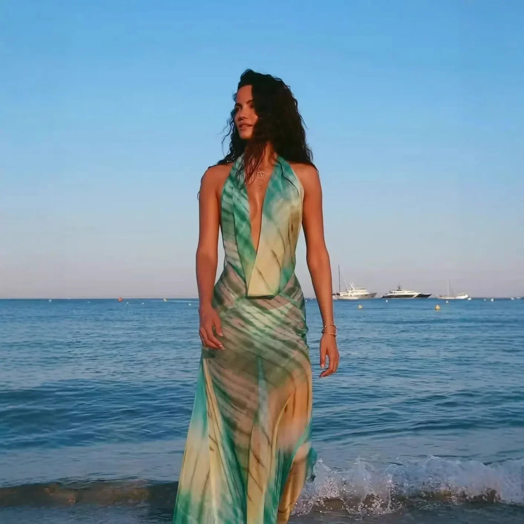 Sexy Printed Draped Neckline Halter Dress Women Chic Lace-up Off Shoulder Backless See Through Robe 2026 New Lady Vacation Robes