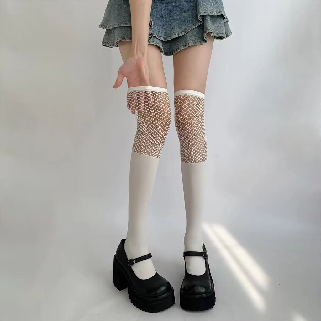 Thigh-high Socks Black Velvet Spliced Fishing Net Tight Socks for Girls Girlhood White Sexy Fake Calf Mesh Elasticity Stockings