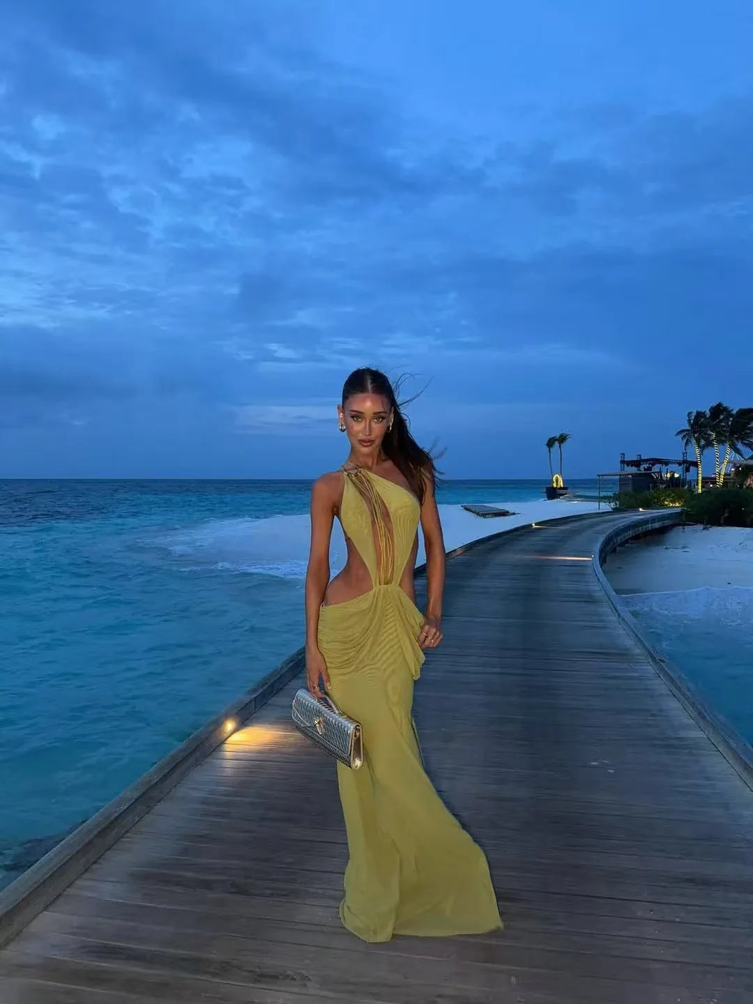 Bohemian Halter Beaded Long Dress Fashion Women Cutout Detail Party Outfit Luxury Mujer Draped Ruched Beachwear Female Clothing