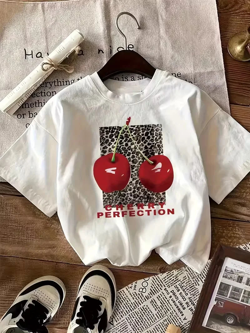 Cherry Leopard Print Graphic Women's T-Shirt, Y2K Fruit & Animal Print Casual Crew Neck Short Sleeve Top, Summer Daily Wear