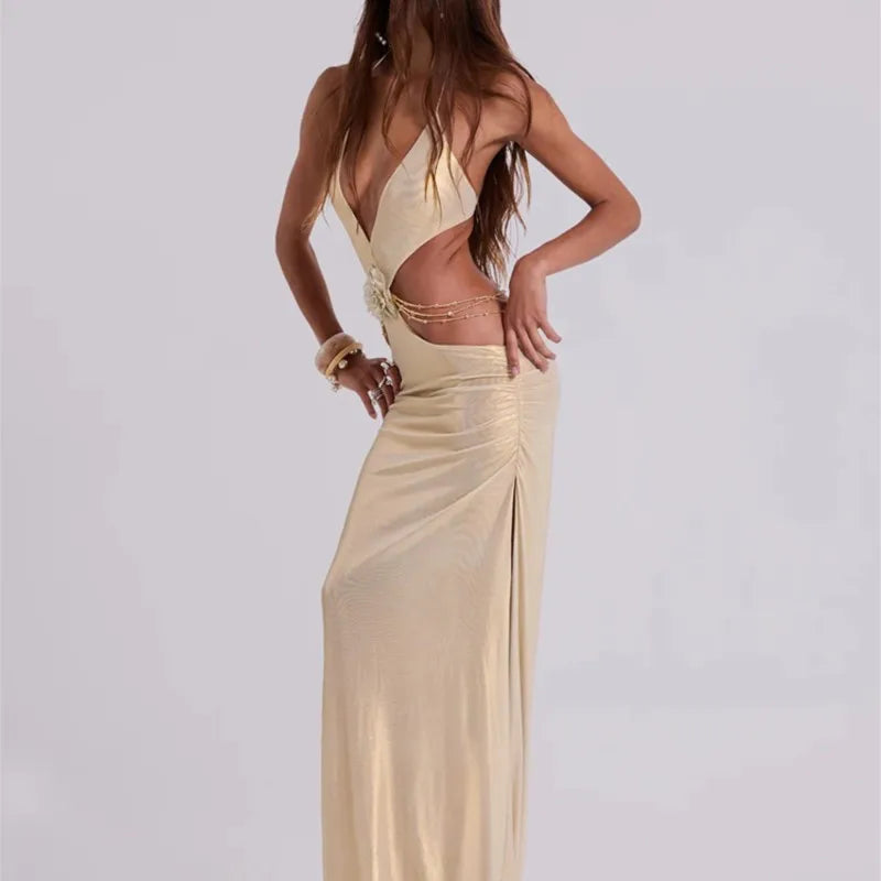 Sexy Gold Halter Cut-Out Maxi Dress Metallic Backless Evening Dresses with Flower Detail Luxury Deep-V Party Long Dress