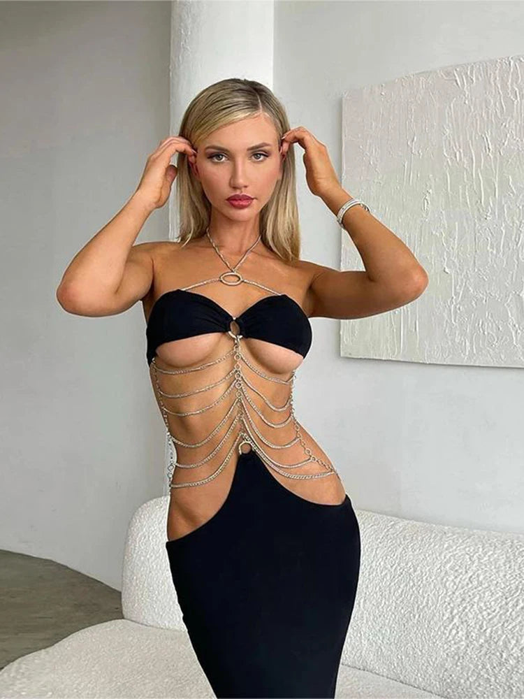 Hugcitar Pure Color Chain Halter Bandage Sleeveless Backless Revealing Slim Maxi Dress Fall Women Fashion Elegant Party Y2K