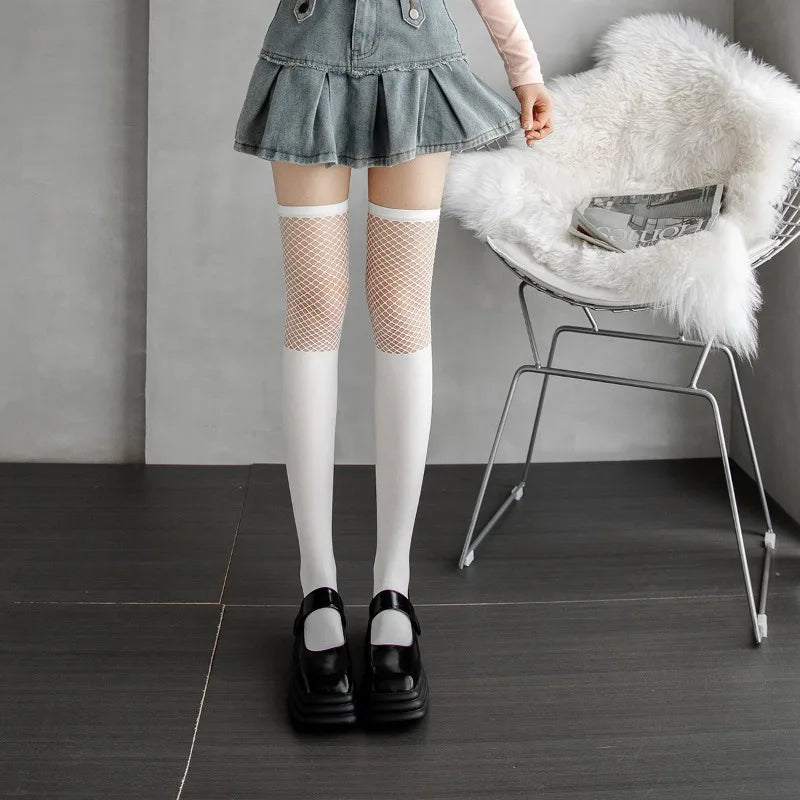 Thigh-high Socks Black Velvet Spliced Fishing Net Tight Socks for Girls Girlhood White Sexy Fake Calf Mesh Elasticity Stockings
