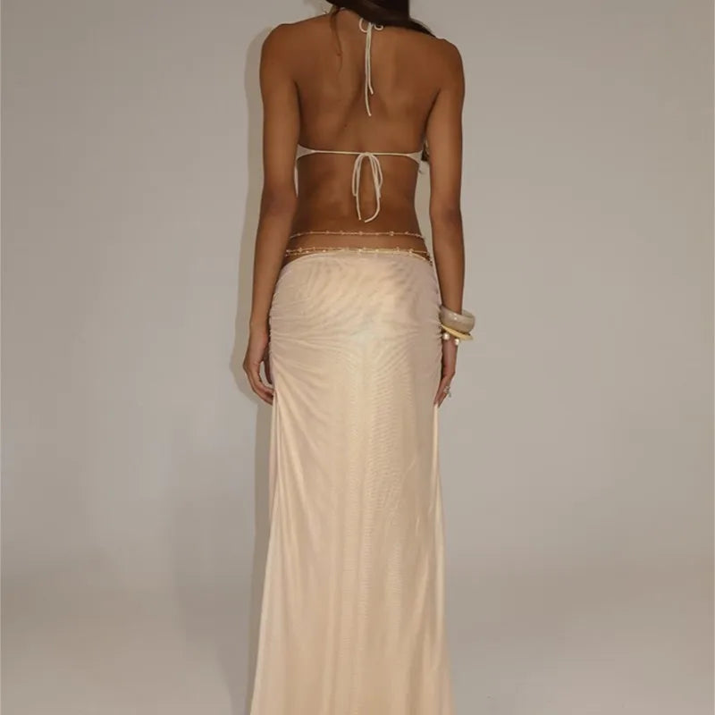 Sexy Gold Halter Cut-Out Maxi Dress Metallic Backless Evening Dresses with Flower Detail Luxury Deep-V Party Long Dress