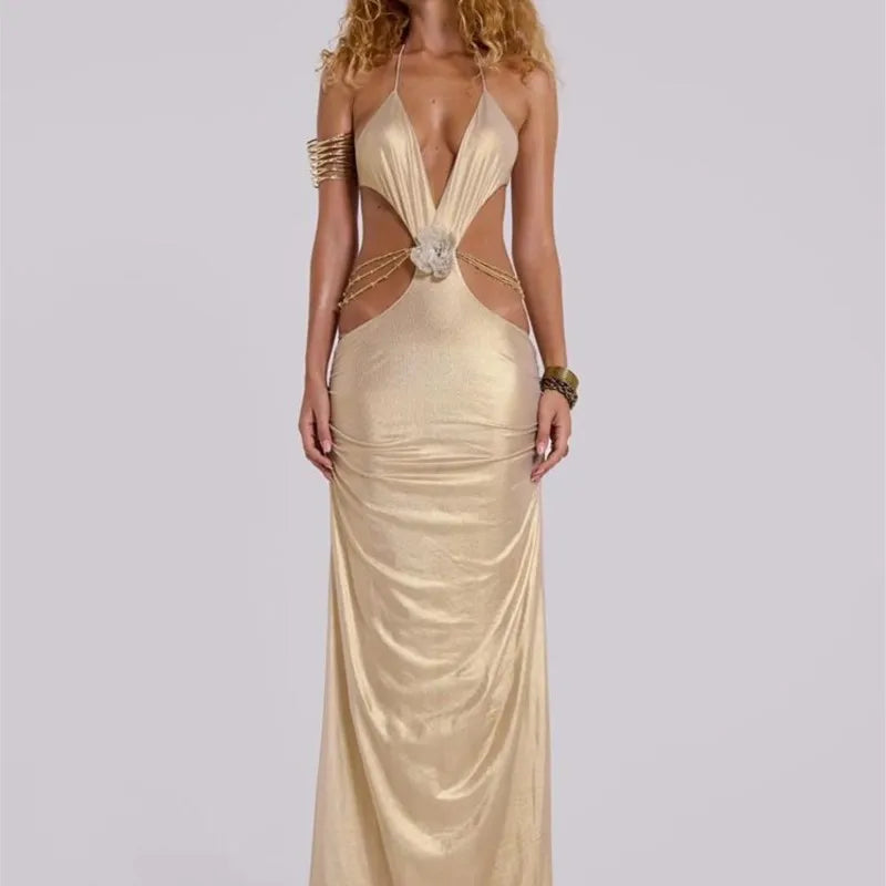 Sexy Gold Halter Cut-Out Maxi Dress Metallic Backless Evening Dresses with Flower Detail Luxury Deep-V Party Long Dress