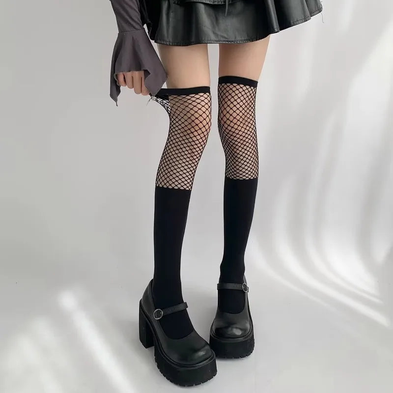 Thigh-high Socks Black Velvet Spliced Fishing Net Tight Socks for Girls Girlhood White Sexy Fake Calf Mesh Elasticity Stockings