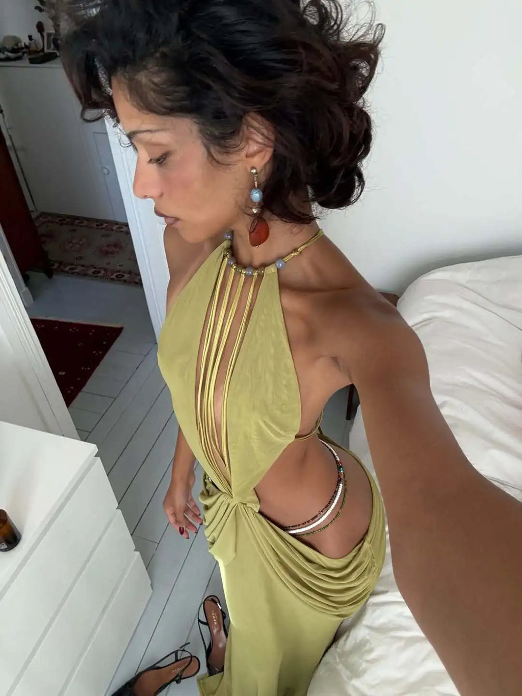 Bohemian Halter Beaded Long Dress Fashion Women Cutout Detail Party Outfit Luxury Mujer Draped Ruched Beachwear Female Clothing