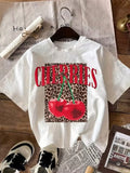 Cherry Leopard Print Graphic Women's T-Shirt, Y2K Fruit & Animal Print Casual Crew Neck Short Sleeve Top, Summer Daily Wear