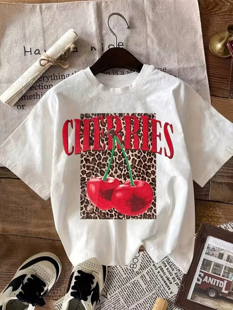 Cherry Leopard Print Graphic Women's T-Shirt, Y2K Fruit & Animal Print Casual Crew Neck Short Sleeve Top, Summer Daily Wear