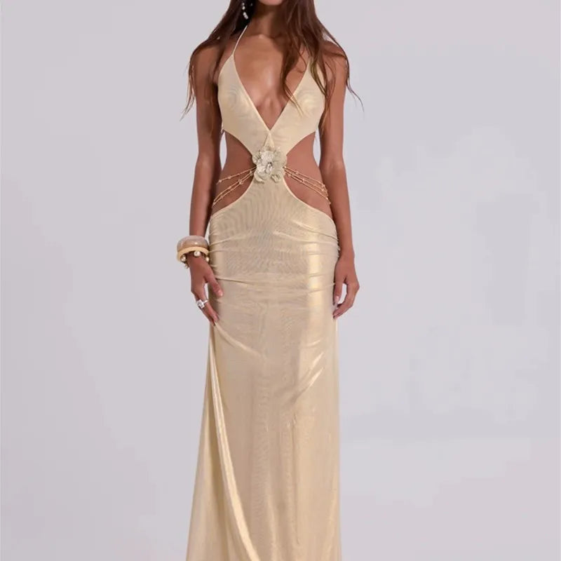 Sexy Gold Halter Cut-Out Maxi Dress Metallic Backless Evening Dresses with Flower Detail Luxury Deep-V Party Long Dress