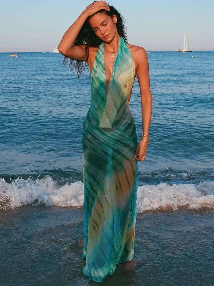 Sexy Printed Draped Neckline Halter Dress Women Chic Lace-up Off Shoulder Backless See Through Robe 2026 New Lady Vacation Robes