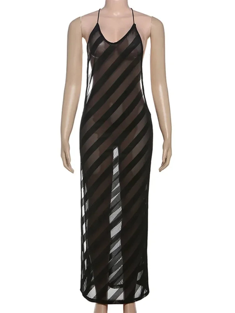 Ladies Summer Mesh Sexy Vacation Maxi Dress Women Sleeveless Backless Bodycon See Through New Long Dresses Night Club Streetwear