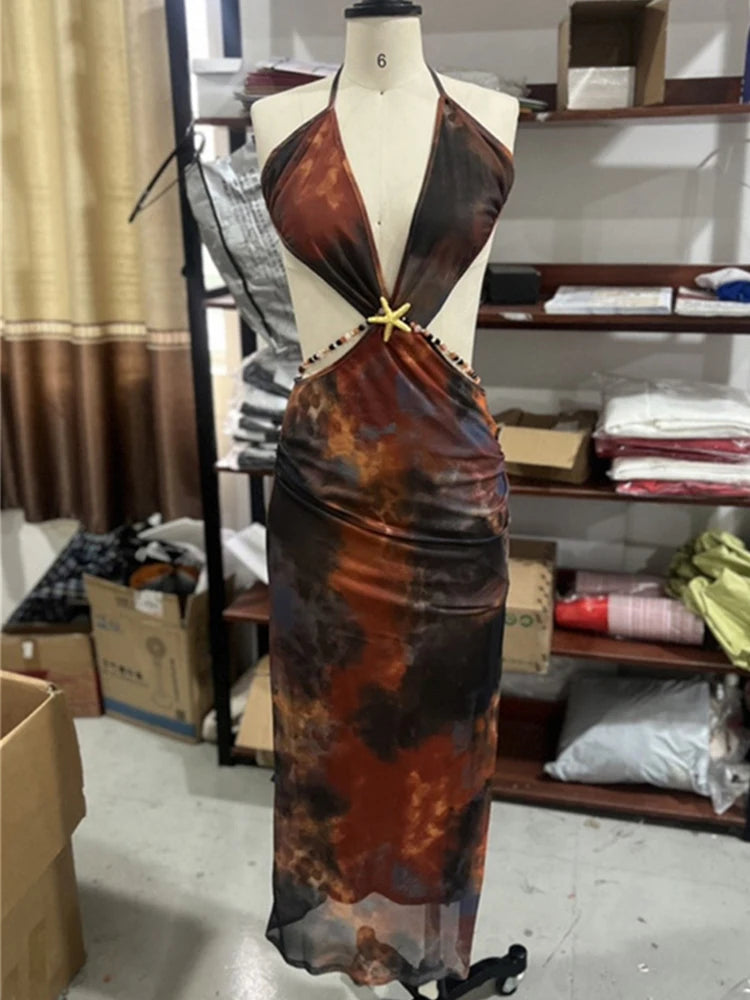 Nibber Print Irregular Hollow Pearl Chains Patchwork Maxi Dress Women Sexy See Through Lace-Up Halter Backless Fashion Vestidos
