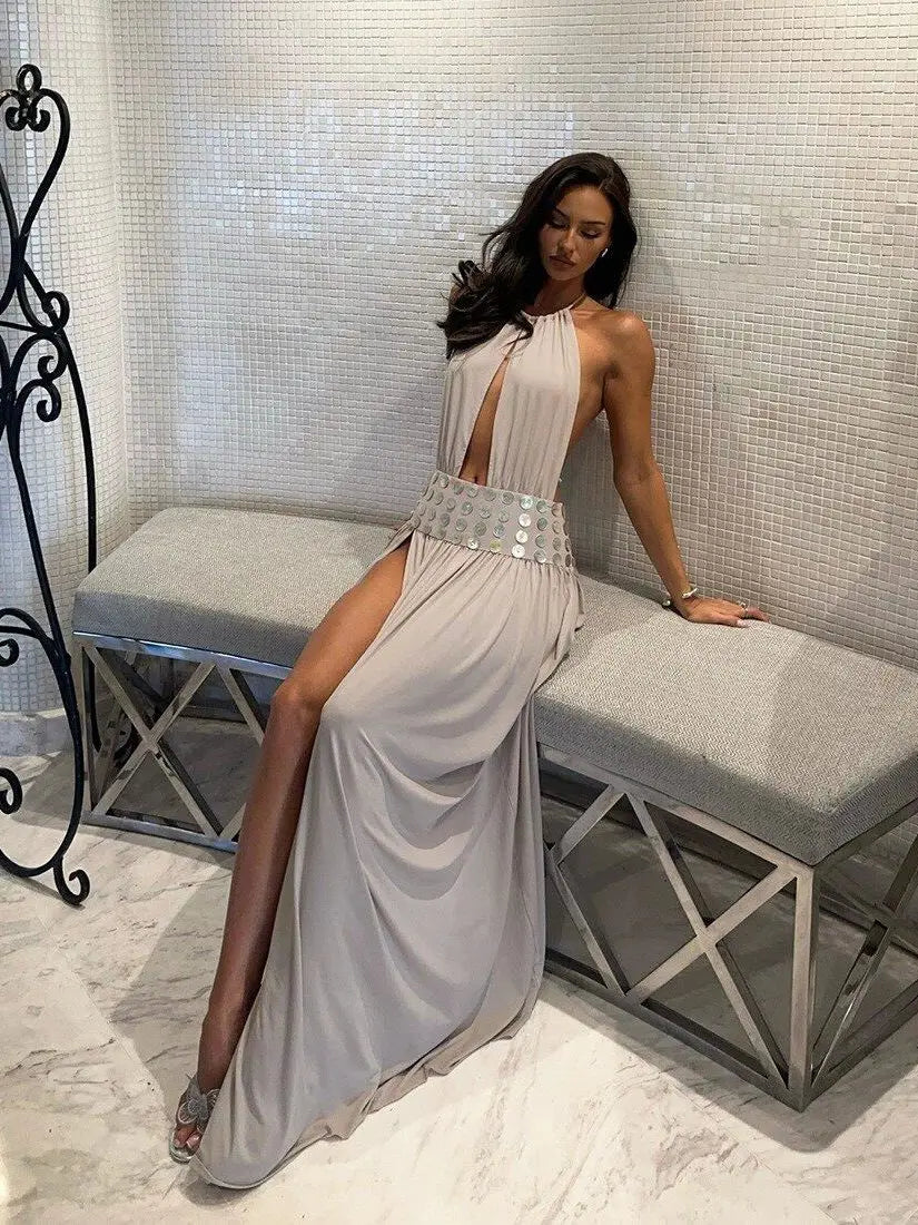 Women's Open Cut High Waist Navel Baring Dress Breathable Casual Loose Fit H-Shape V-Neck Sleeveless Thin Fabric Dress