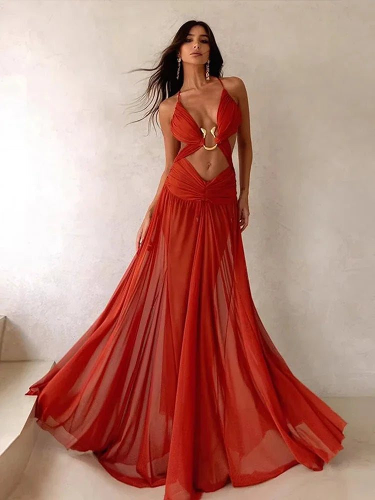 Sexy Hollow Out Party Dress Sleeveless Backless Mesh Maxi Female Evening Dresses 2026 Spring Summer Club Beach Slip Lady Robe