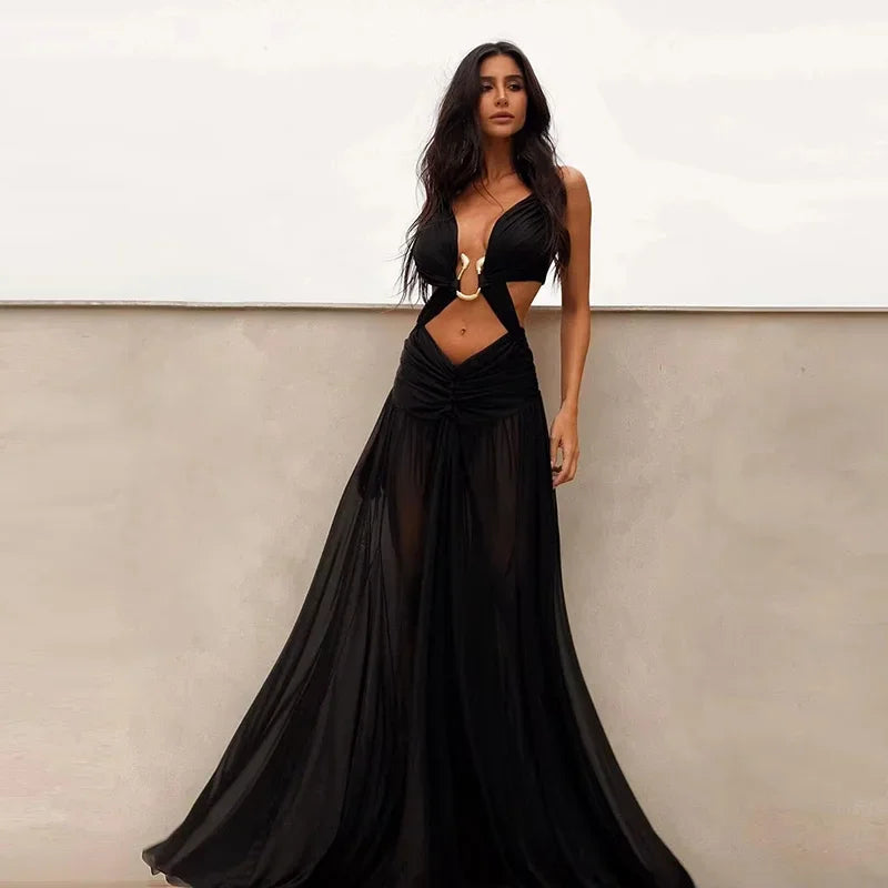 Sexy Hollow Out Party Dress Sleeveless Backless Mesh Maxi Female Evening Dresses 2026 Spring Summer Club Beach Slip Lady Robe