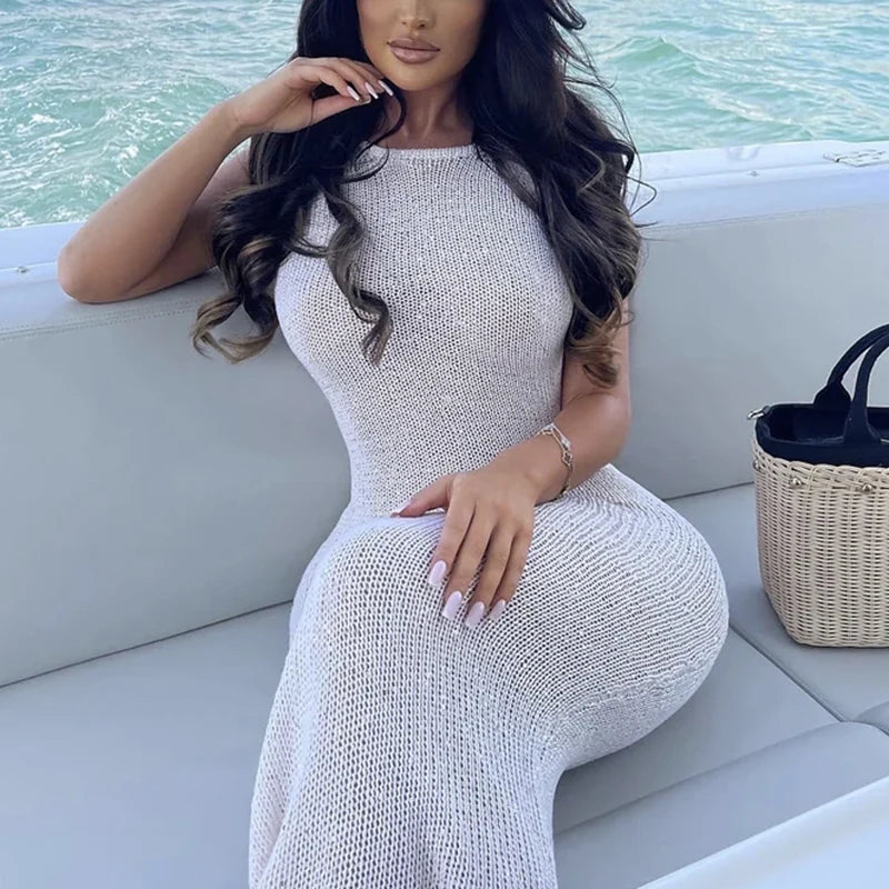 Beach Vacation Backless Long Dress, Knitted Hollow Out Sequins Beach Cover-Up, Elegant Summer Fashion for Women