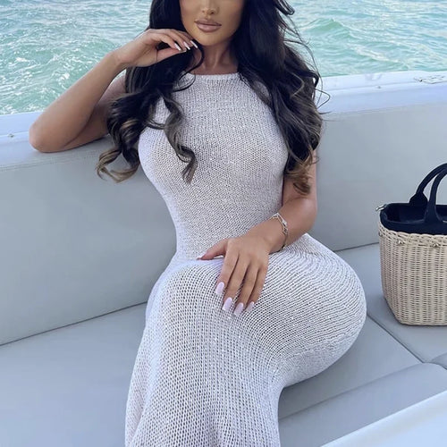 Beach Vacation Backless Long Dress, Knitted Hollow Out Sequins Beach Cover-Up, Elegant Summer Fashion for Women
