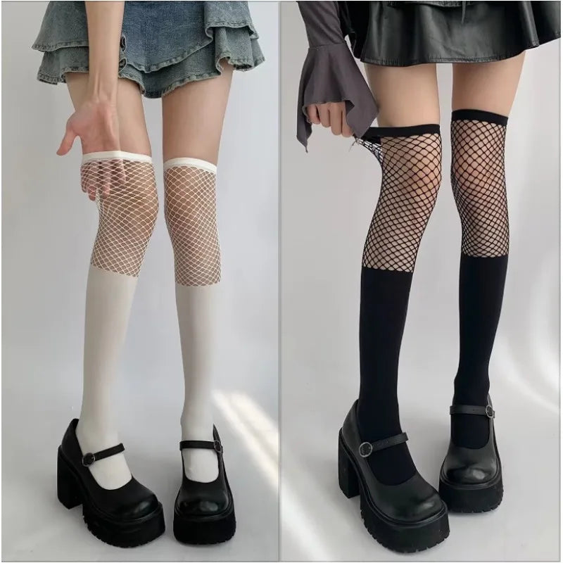 Thigh-high Socks Black Velvet Spliced Fishing Net Tight Socks for Girls Girlhood White Sexy Fake Calf Mesh Elasticity Stockings