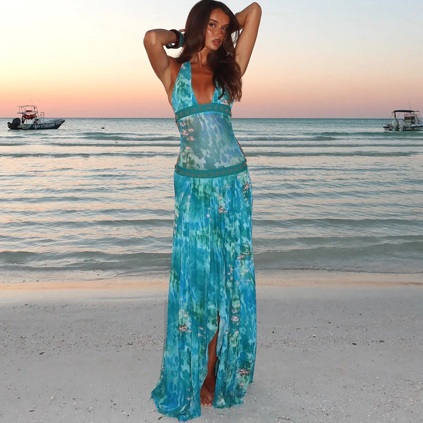 SKMY 2026 Spring New Fashion Sexy Backless Halter Neck Strap Fashion Printed Dress Women Clothing Sleeveless Long Dresses Party