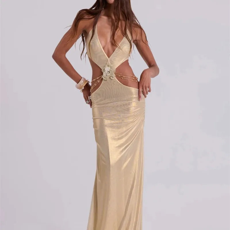 Sexy Gold Halter Cut-Out Maxi Dress Metallic Backless Evening Dresses with Flower Detail Luxury Deep-V Party Long Dress