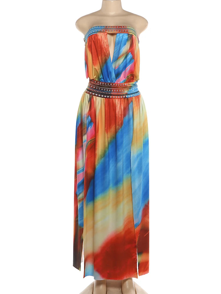 Weird Puss Colorful Print Dress Woman Sexy Wrap Chest Backless High Splits Summer Holiday Beach Party Elegant Style Long Bodycon