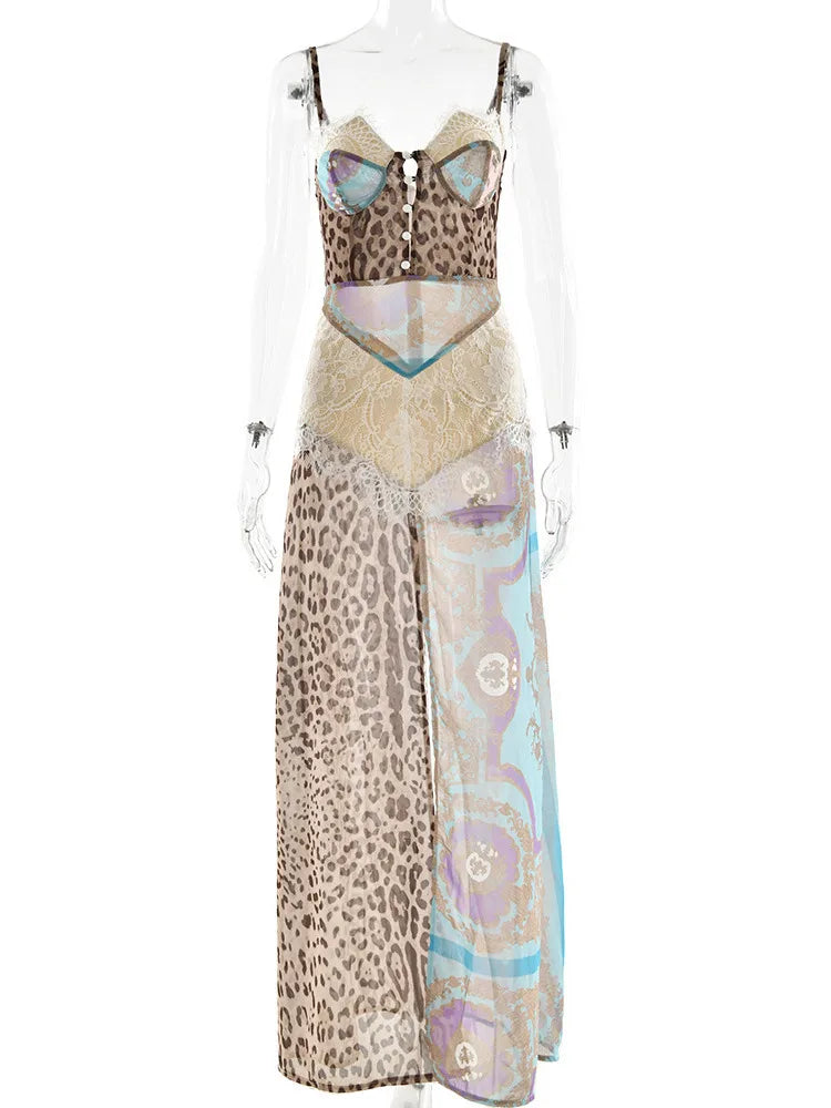 Articat Sexy Spaghetti Strap Printed Chiffon Dress Women 2025 Summer New Splicing Party Evening Dress Holiday Beach Clothing