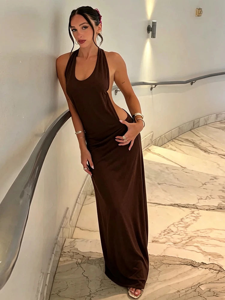 JULISSA MO Sexy Backless U Neck Metal Rings Women Maxi Dress Sleeveless High Waist Dress Summer Loose Casual Vacation Beachwear