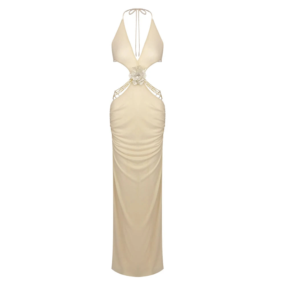 Sexy Gold Halter Cut-Out Maxi Dress Metallic Backless Evening Dresses with Flower Detail Luxury Deep-V Party Long Dress