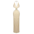 Sexy Gold Halter Cut-Out Maxi Dress Metallic Backless Evening Dresses with Flower Detail Luxury Deep-V Party Long Dress