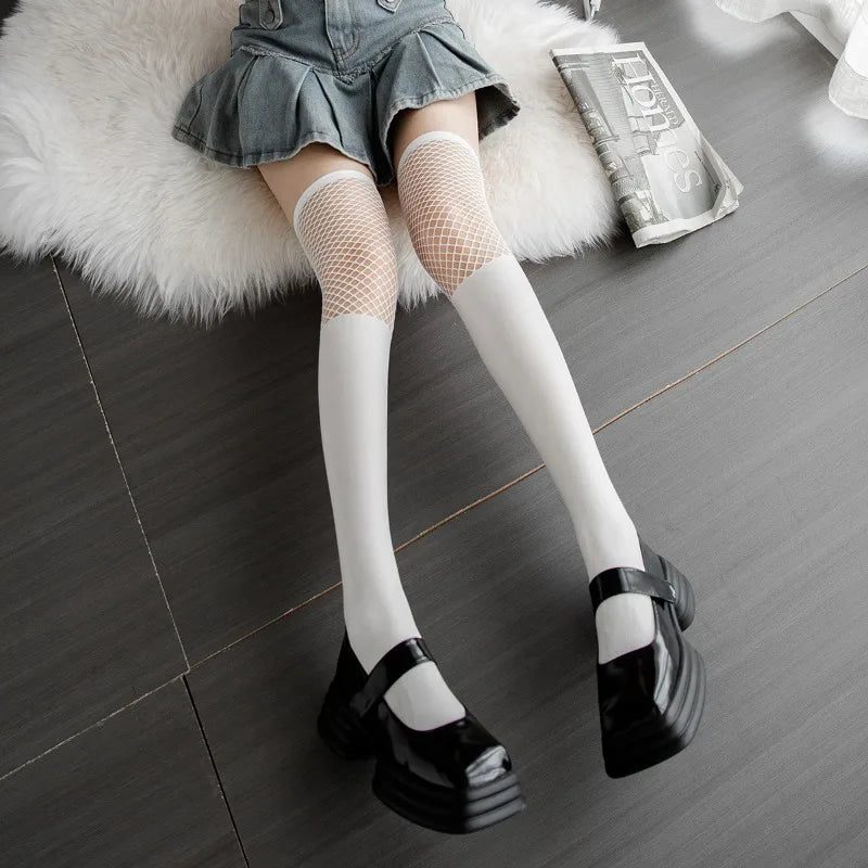 Thigh-high Socks Black Velvet Spliced Fishing Net Tight Socks for Girls Girlhood White Sexy Fake Calf Mesh Elasticity Stockings
