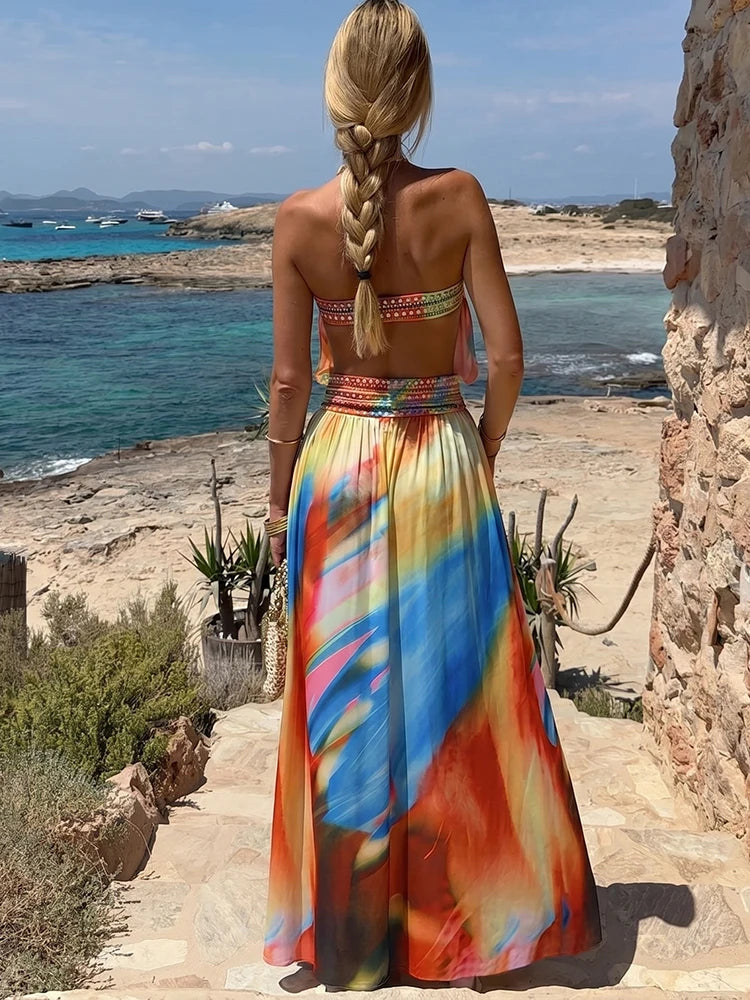 Weird Puss Colorful Print Dress Woman Sexy Wrap Chest Backless High Splits Summer Holiday Beach Party Elegant Style Long Bodycon