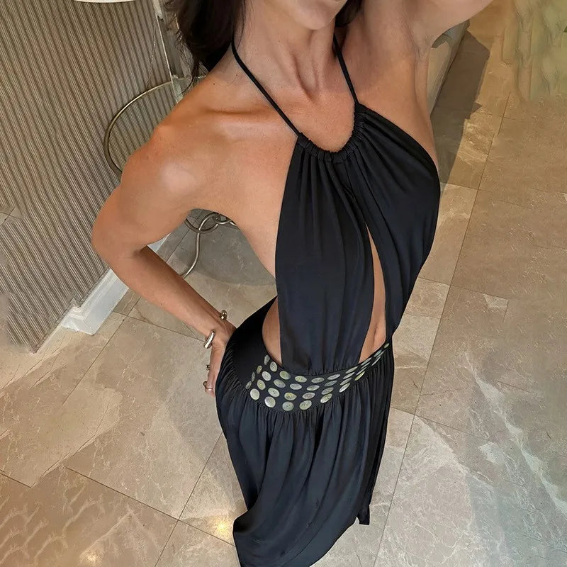 Women's Open Cut High Waist Navel Baring Dress Breathable Casual Loose Fit H-Shape V-Neck Sleeveless Thin Fabric Dress