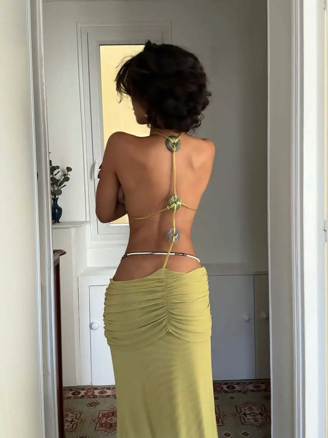Bohemian Halter Beaded Long Dress Fashion Women Cutout Detail Party Outfit Luxury Mujer Draped Ruched Beachwear Female Clothing