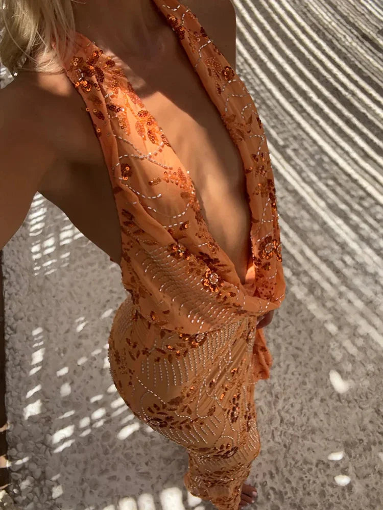 Sparkle Backless Sexy Maxi Dress Women Gown Elegant Halter Deep V Neck Sleeveless High Waist Bodycon Club Party Dresses