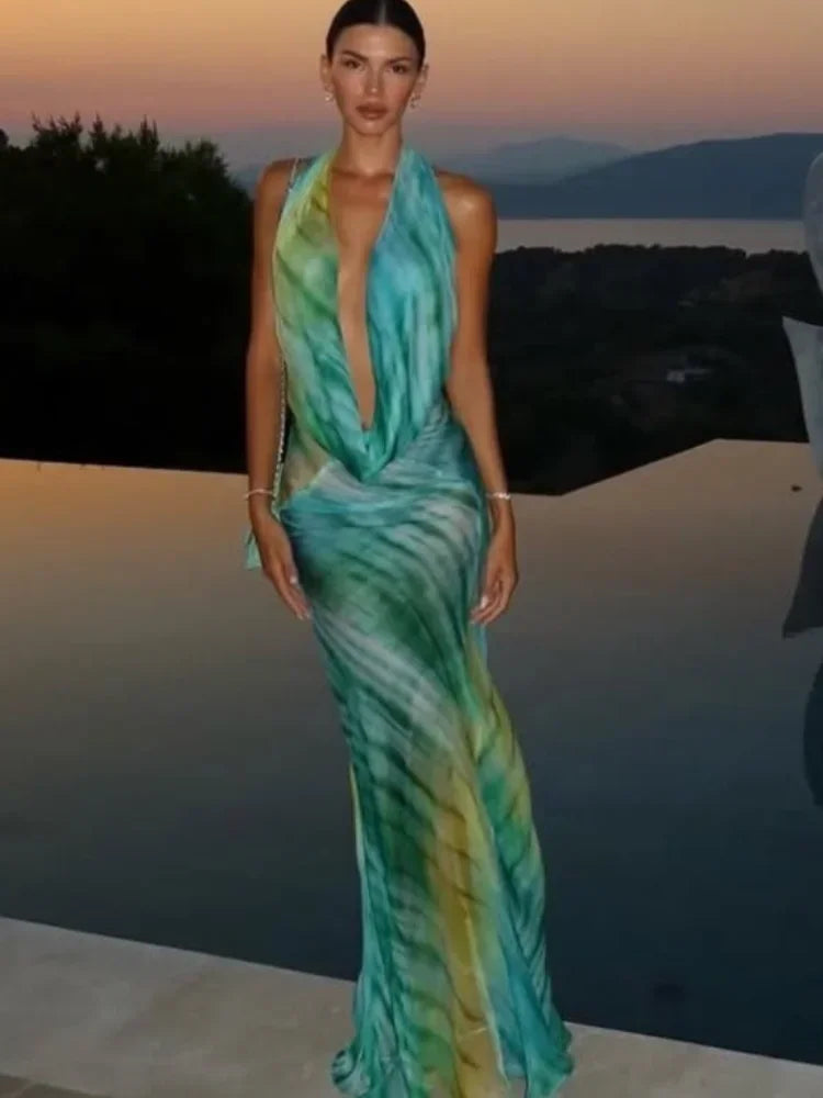 Sexy Printed Draped Neckline Halter Dress Women Chic Lace-up Off Shoulder Backless See Through Robe 2026 New Lady Vacation Robes