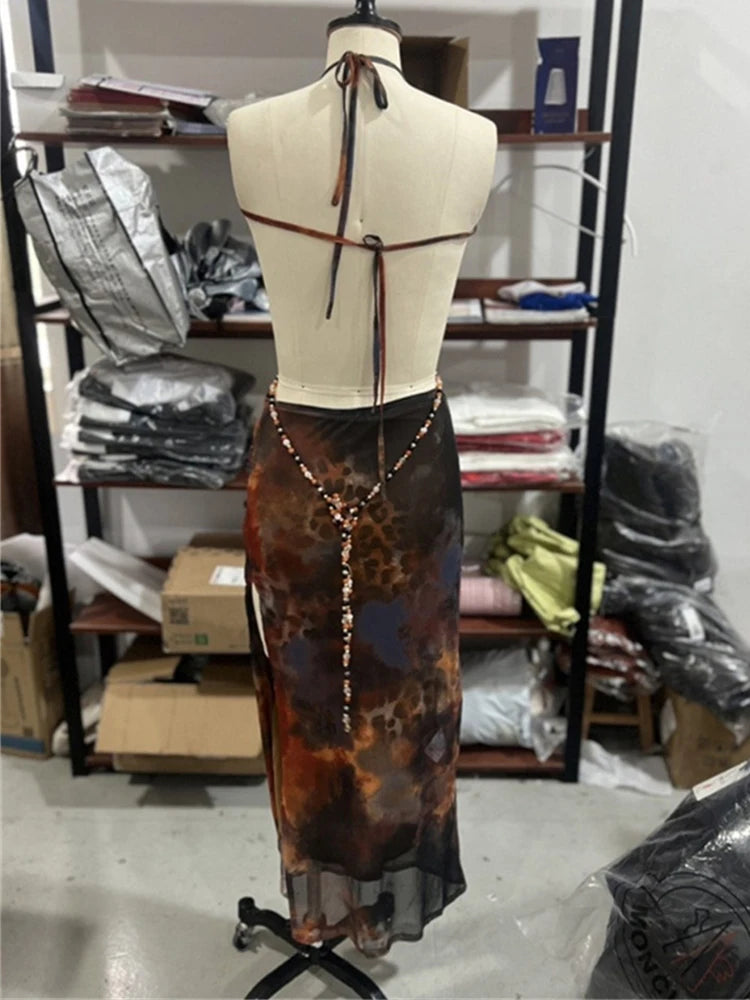 Nibber Print Irregular Hollow Pearl Chains Patchwork Maxi Dress Women Sexy See Through Lace-Up Halter Backless Fashion Vestidos