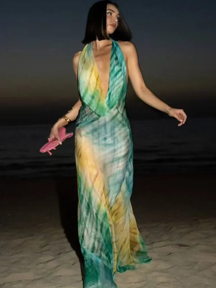 Sexy Printed Draped Neckline Halter Dress Women Chic Lace-up Off Shoulder Backless See Through Robe 2026 New Lady Vacation Robes